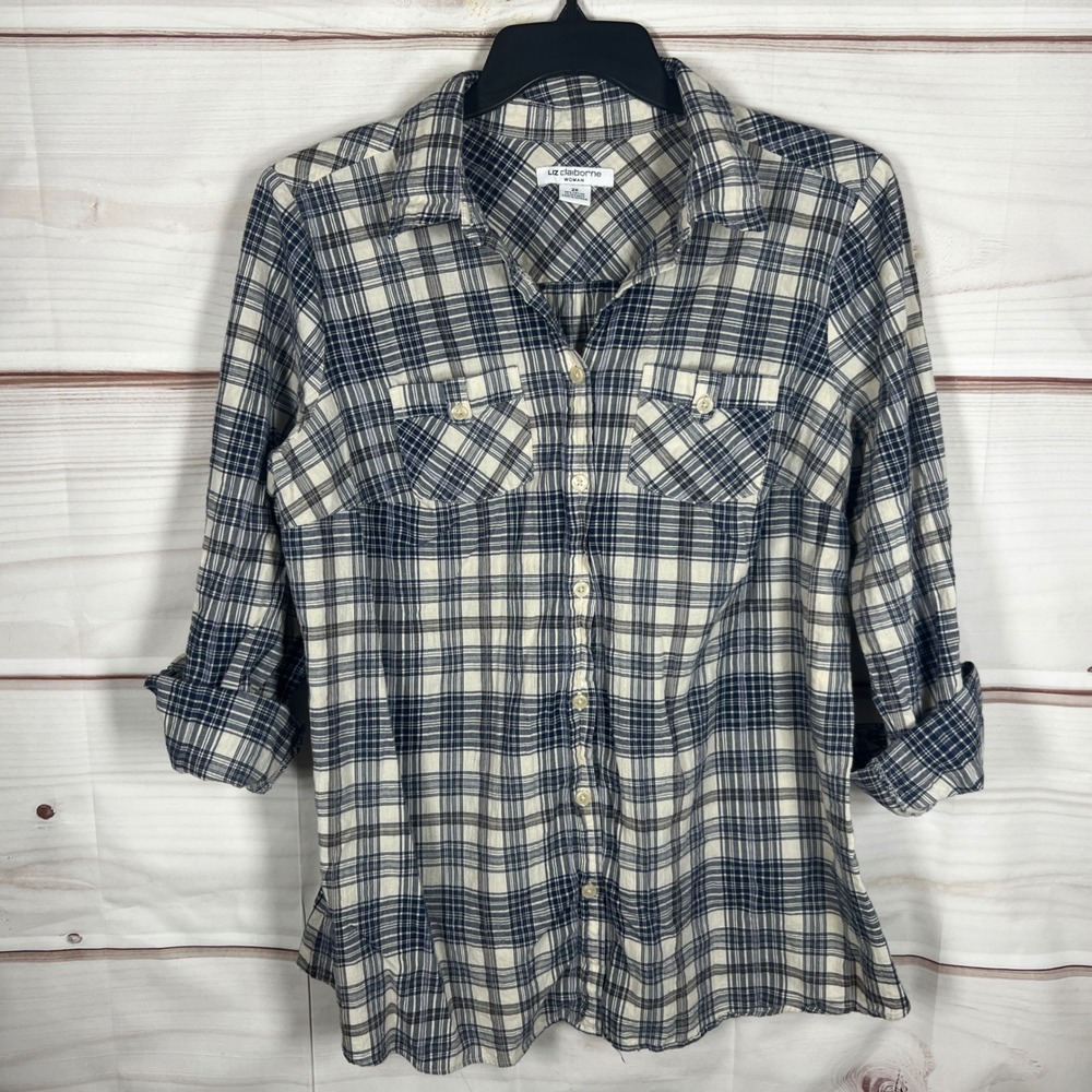 Liz Claiborne Button Down Top Womens 2X Blue Plaid Roll Tab Sleeve Stretch Shirt
